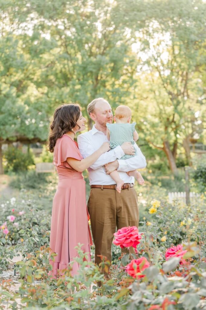 family photo in the Heather Farms rose garden in Walnut creek by bay area family photographer